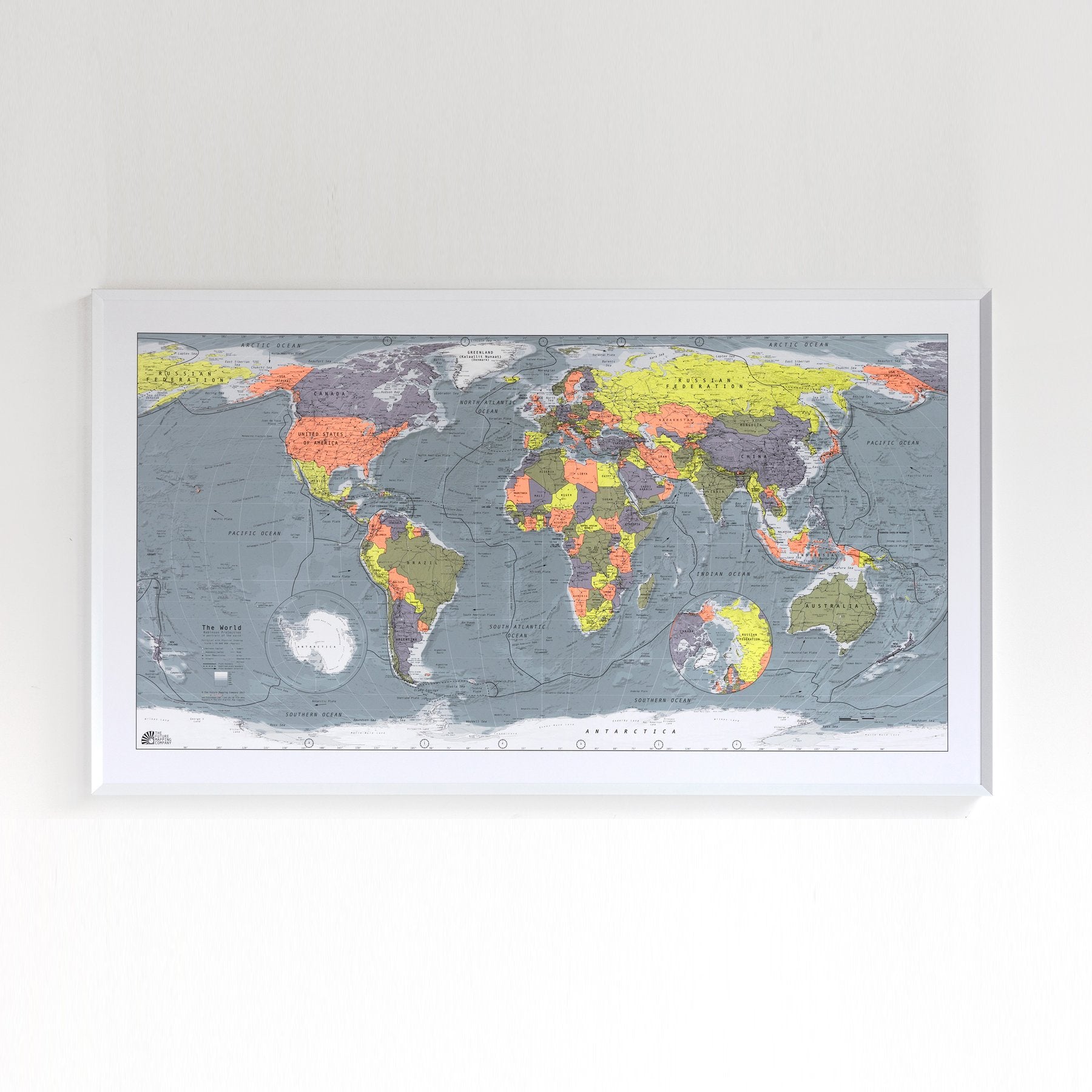 Colour - Classic World Wall Map (orange, lemon, thistle, metallic khaki)