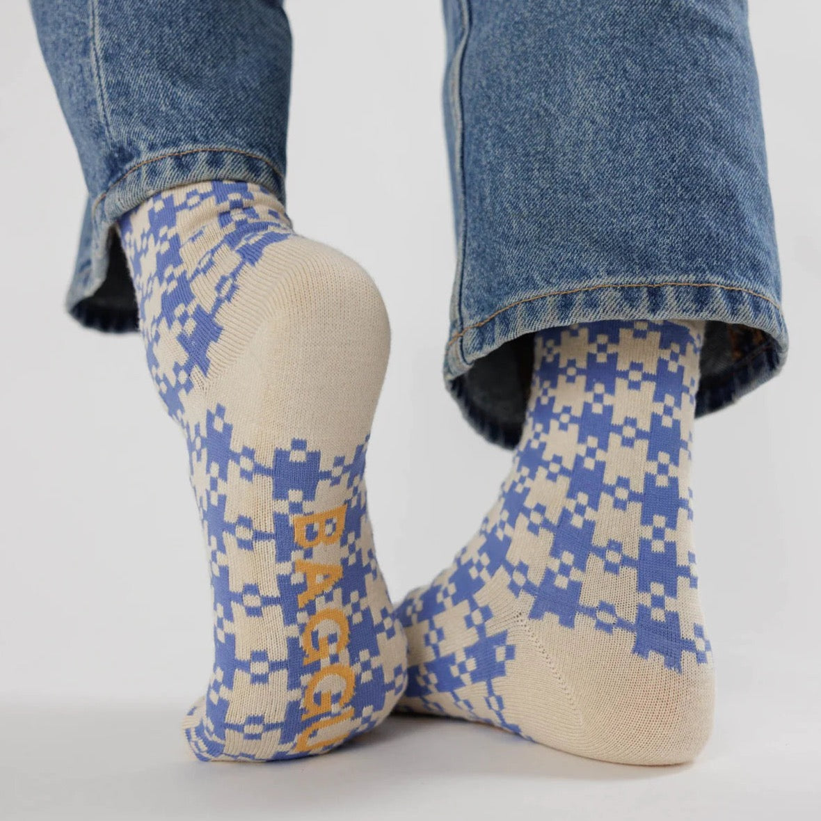 Baggu Crew Sock - Blue Pixel Gingham