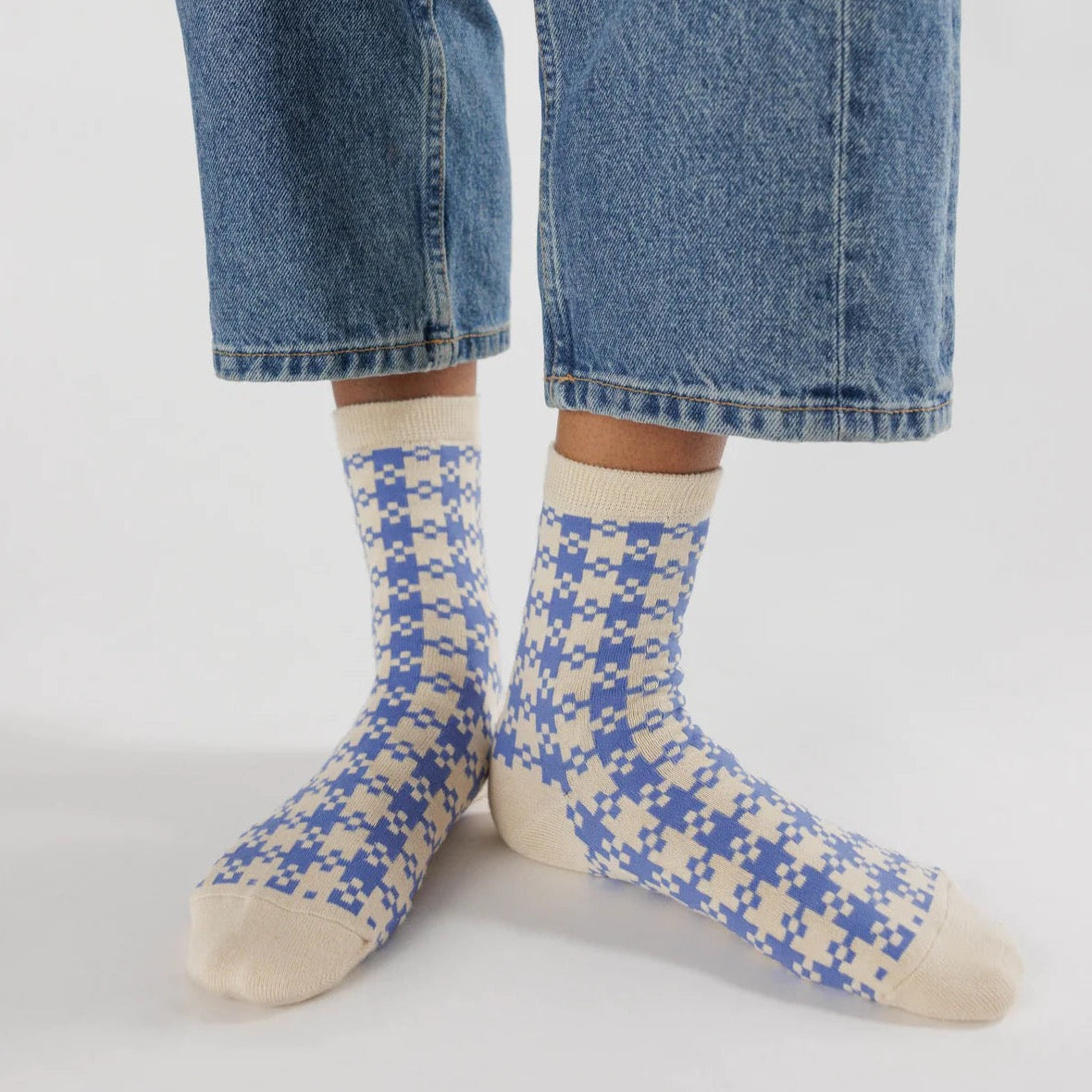 Baggu Crew Sock - Blue Pixel Gingham