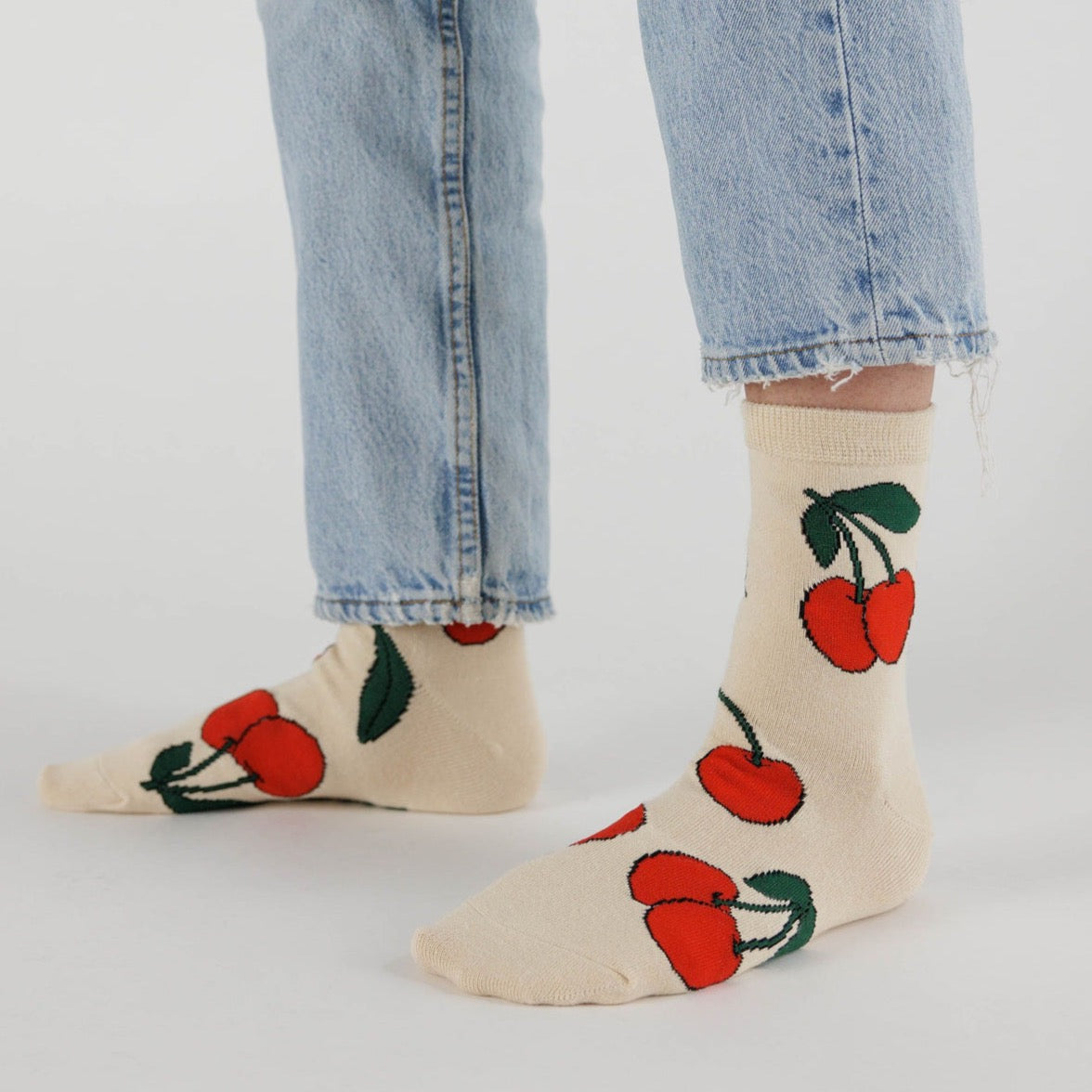 Baggu Crew Sock - Ecru Cherry