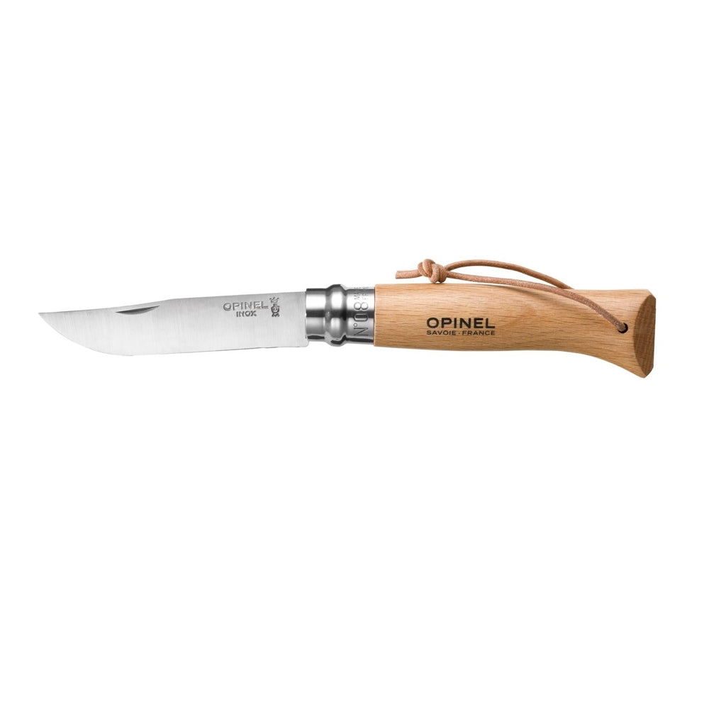 Opinel Beechwood Trekking Knife With Leather Tag