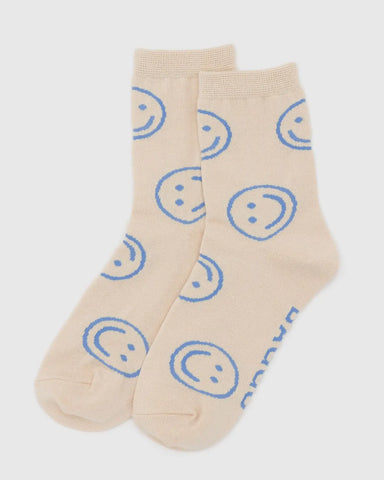 Baggu Crew Sock - Ecru Periwinkle Happy