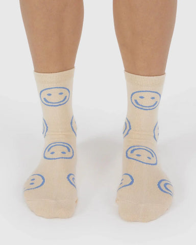 Baggu Crew Sock - Ecru Periwinkle Happy