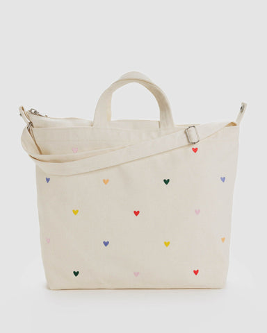 Baggu Horizontal Zip Duck Bag - Natural Embroidered Hearts