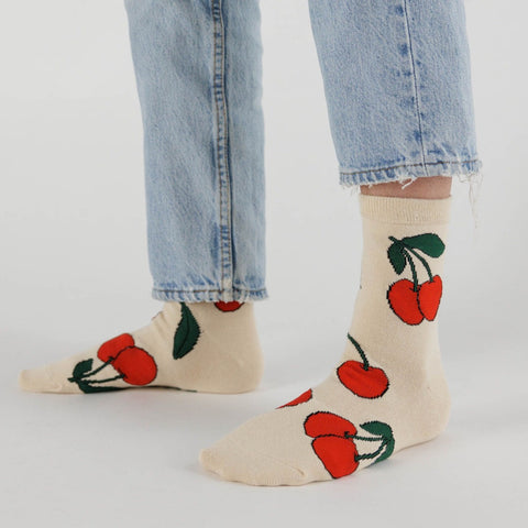 Baggu Crew Sock - Ecru Cherry